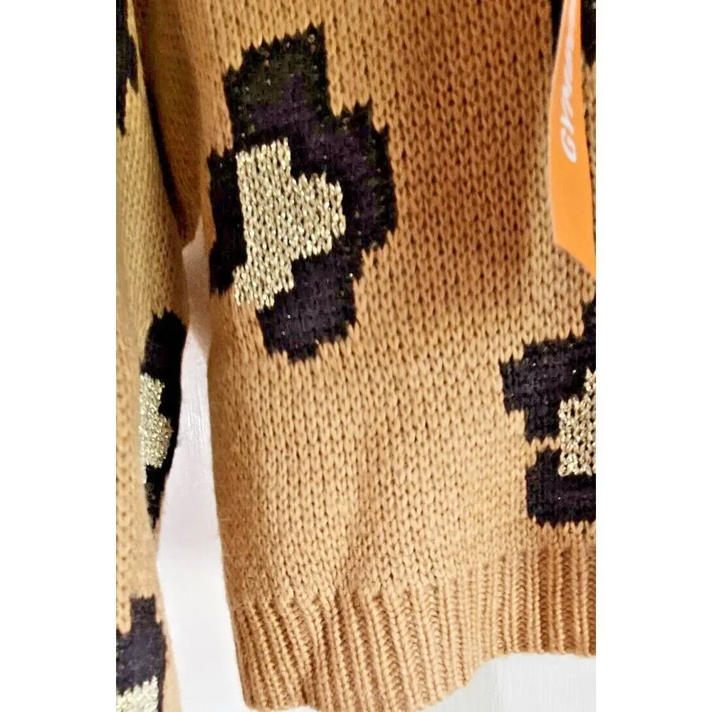 NWT GYMBOREE brown girl sz S(5-6) right Meow sweater‎ metallic gold thread